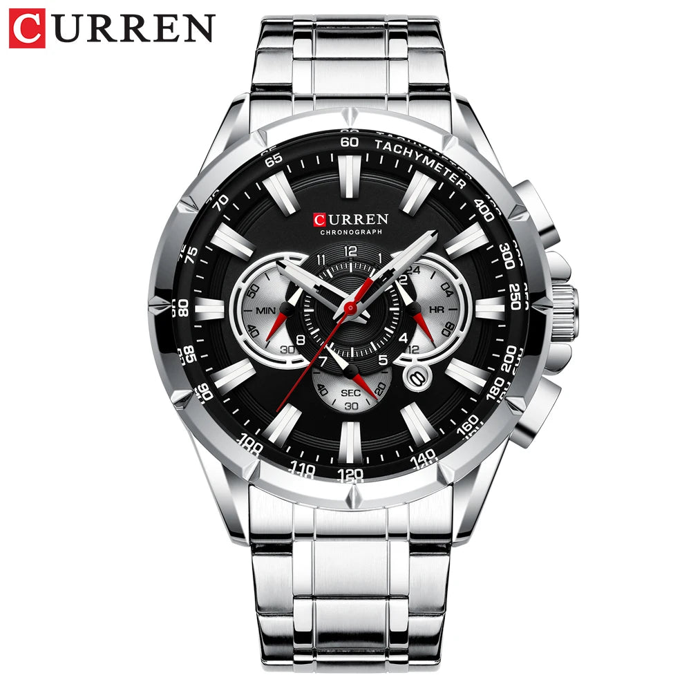 CURREN New Casual Sport Chronograph Men's Watches Stainless Steel Band Wristwatch Big Dial Quartz Clock with Luminous Pointers 