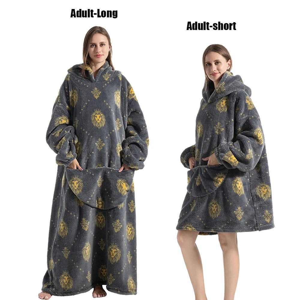 Women Plush Fleece Blanket Men Warm Thick Hoodies Adult Giant TV Blanlets with Sleeves Super Long Cold-proof Homewear Pajamas 