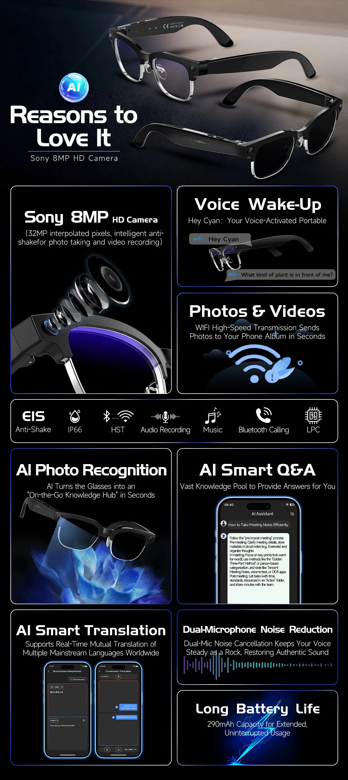 AI Smart Glasses with Camera, Calls, Translation & Audio