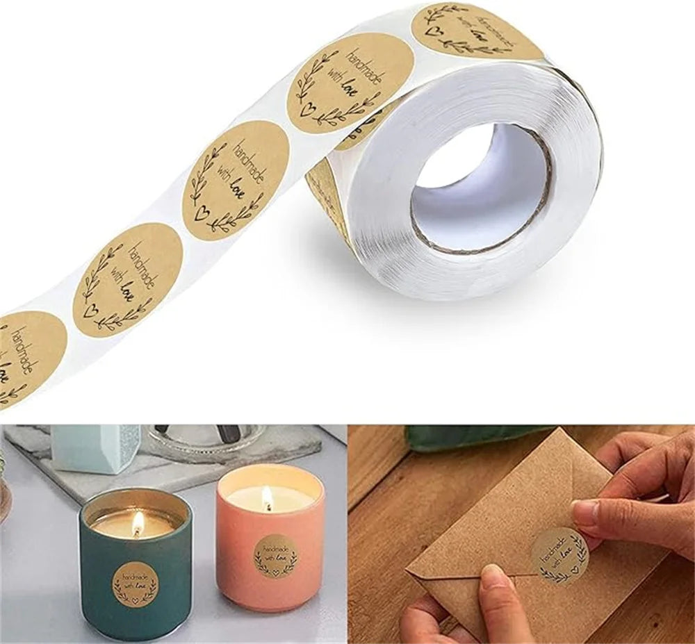 500pcs Handmade with Love Stickers Vintage Kraft Paper Stickers Stationery Label Baking Kraft Paper Stickers Scrapbook Gift