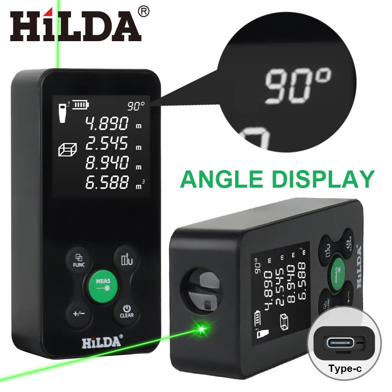 HILDA 50/100/120M Laser Rangefinder Red/Green Light Laser Distance Digital Tape Rechargeable and Measurable Angle Laser Measure 