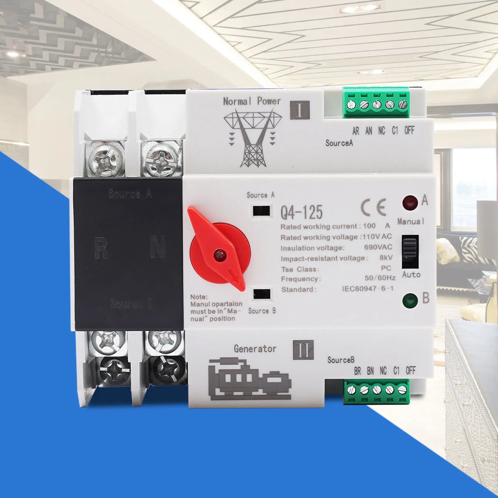 100A Dual Power Automatic Transfer Switch 2P ATS 110V