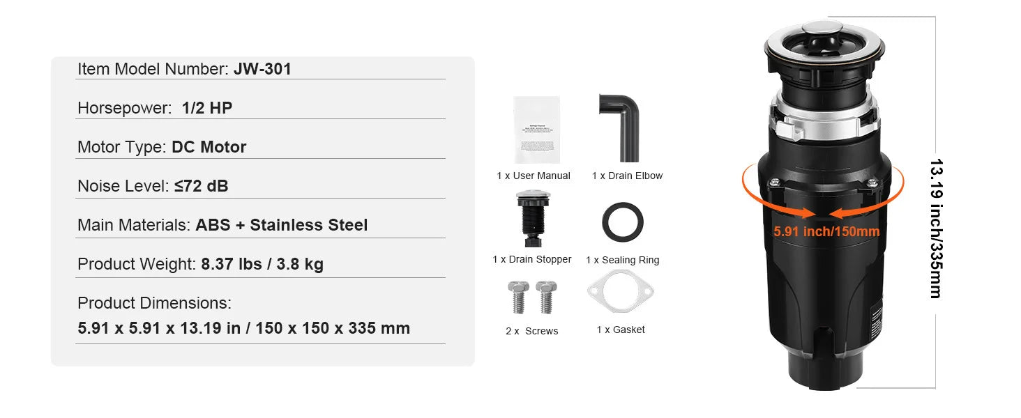 Garbage Disposal Continuous Feed Food Waste Disposer for Kitchen Sink