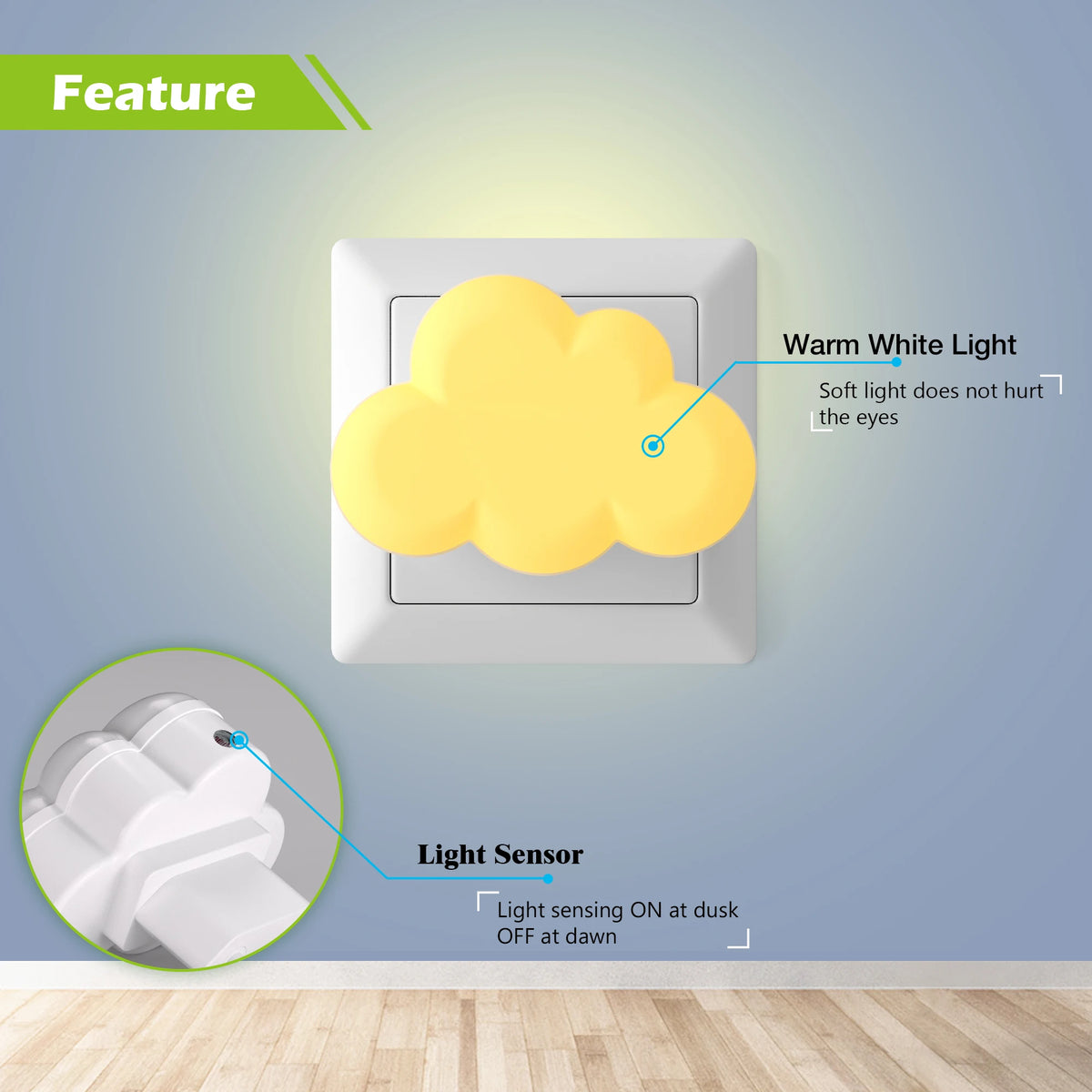 Luz de presença LED com sensor em forma de nuvem, para tomada