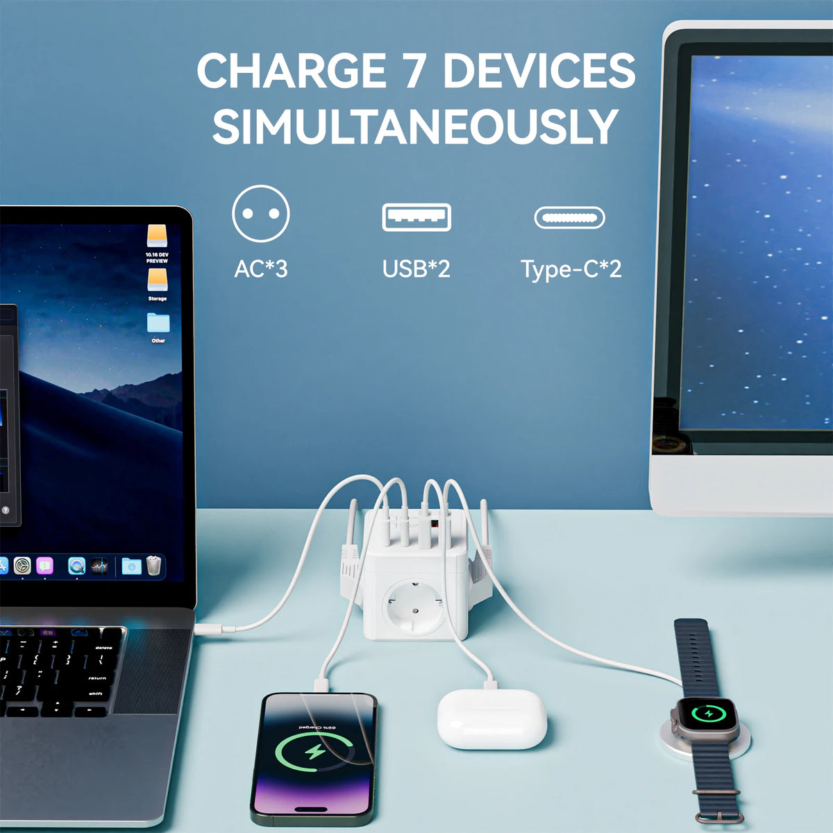 Разклонител за настолен компютър с USB-A и USB-C за ЕС