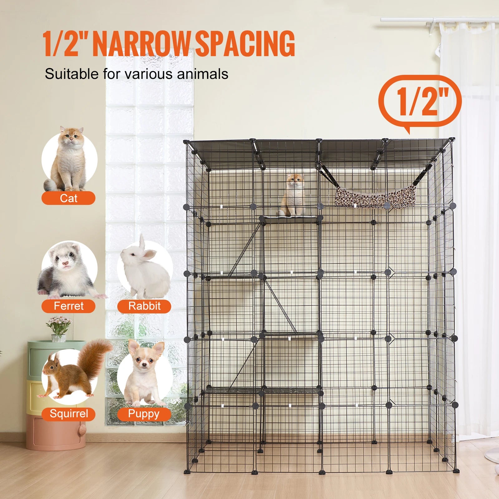 Gaiola grande para gatos SucceBuy, gaiola de metal com separação, jaula de arame com portas frontais, rede para gatos, rampa, escadas, casinha, espaço para exercício para gato