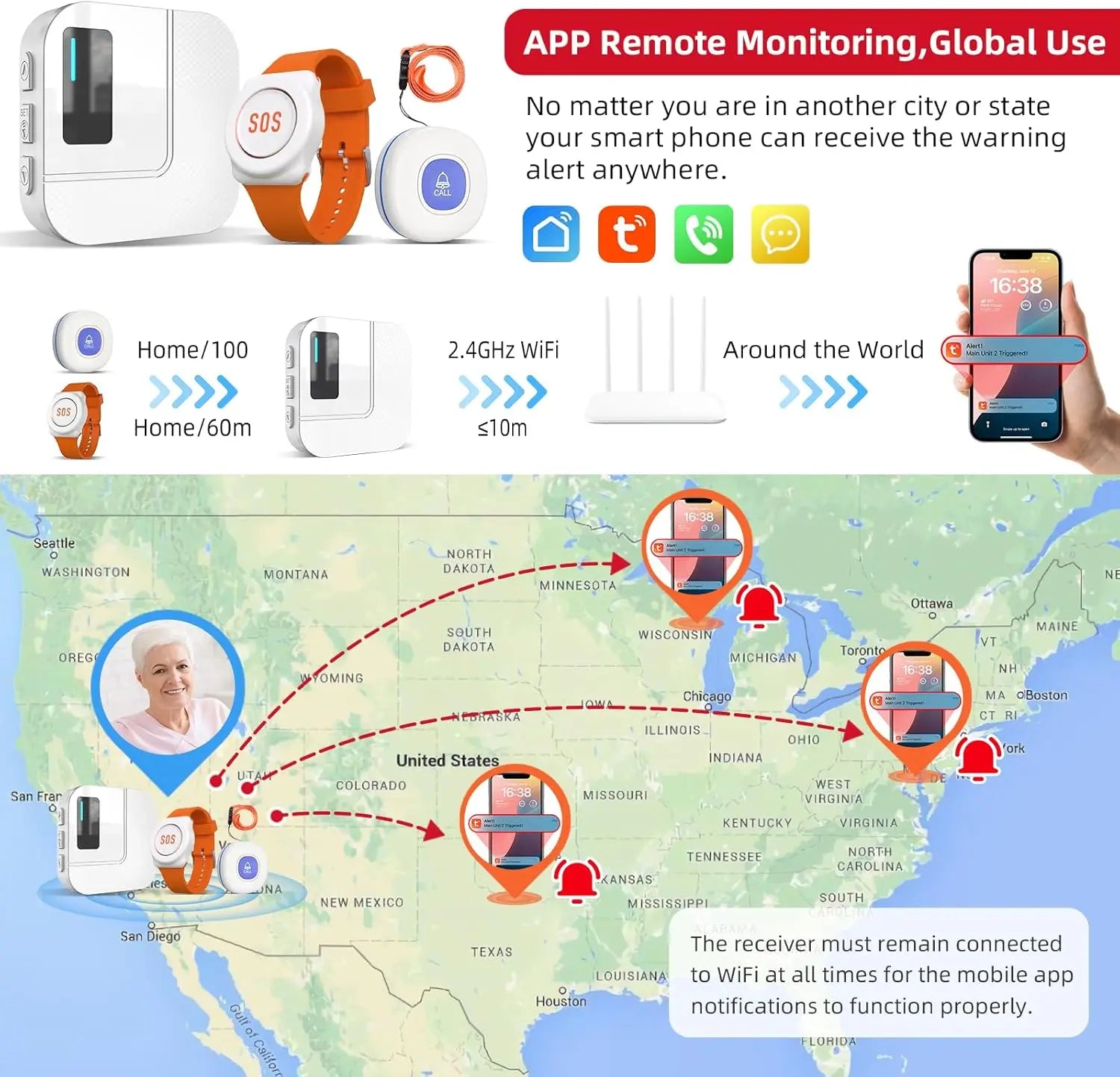 Buscapersonas WiFi para cuidadores con botón de alerta de emergencia y notificaciones en la app