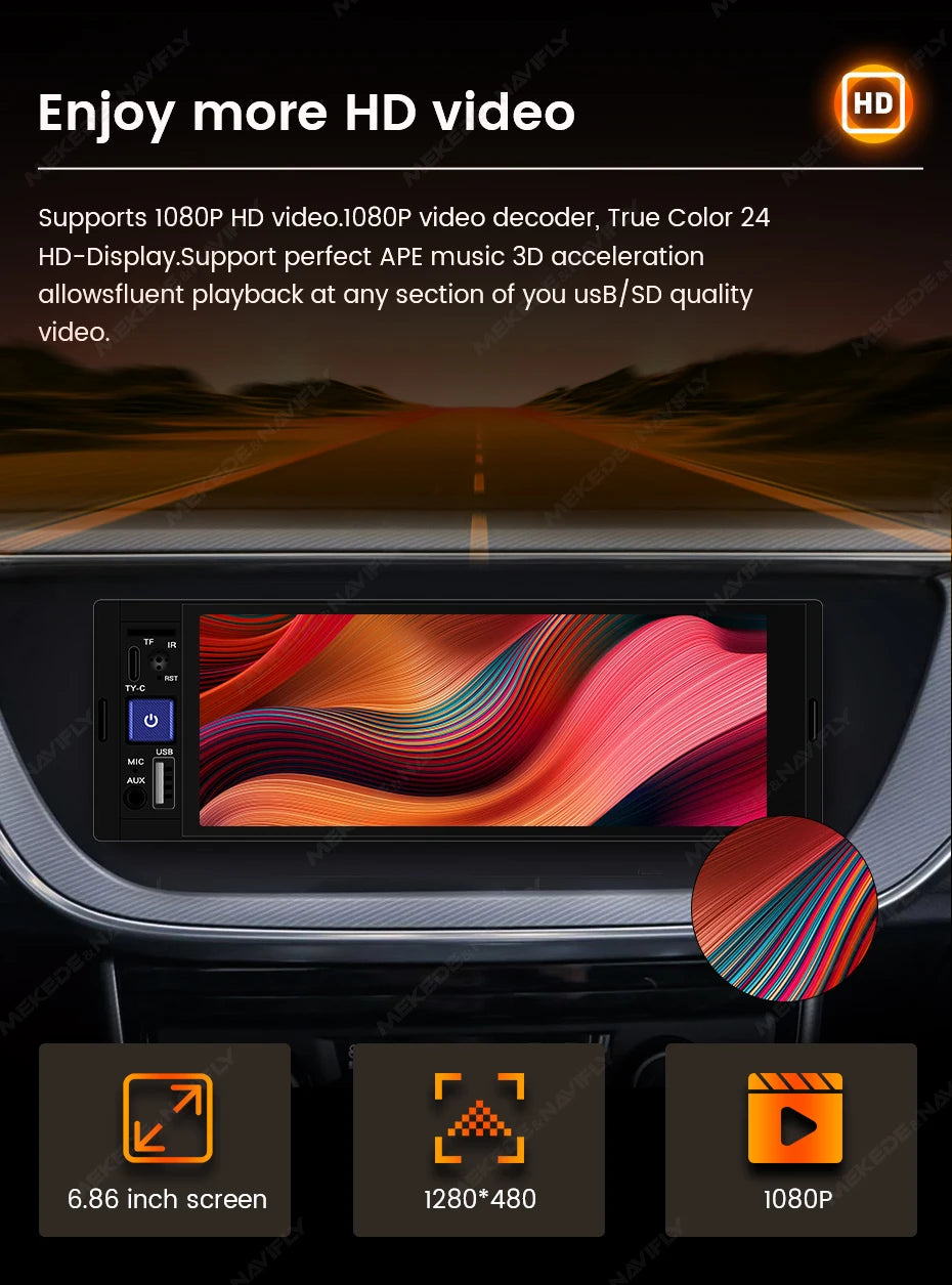 6,86" 1DIN autoradio met draadloze CarPlay, Android Auto en Bluetooth