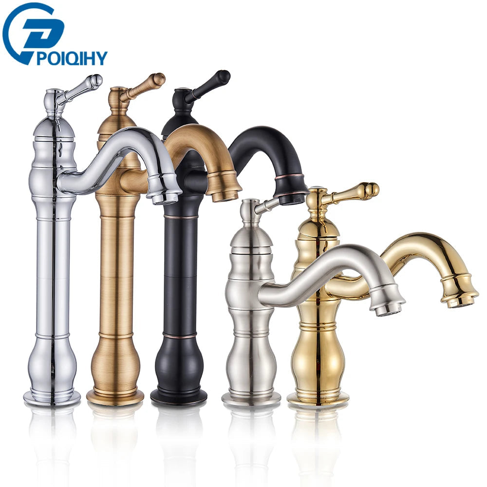 POIQIHY Antique Brass Basin Vessel Sink Faucet Deck Mounted One Hole Cold Hot Water Cold Hot Mixer Tap Bathroom Faucet  1 Hole 