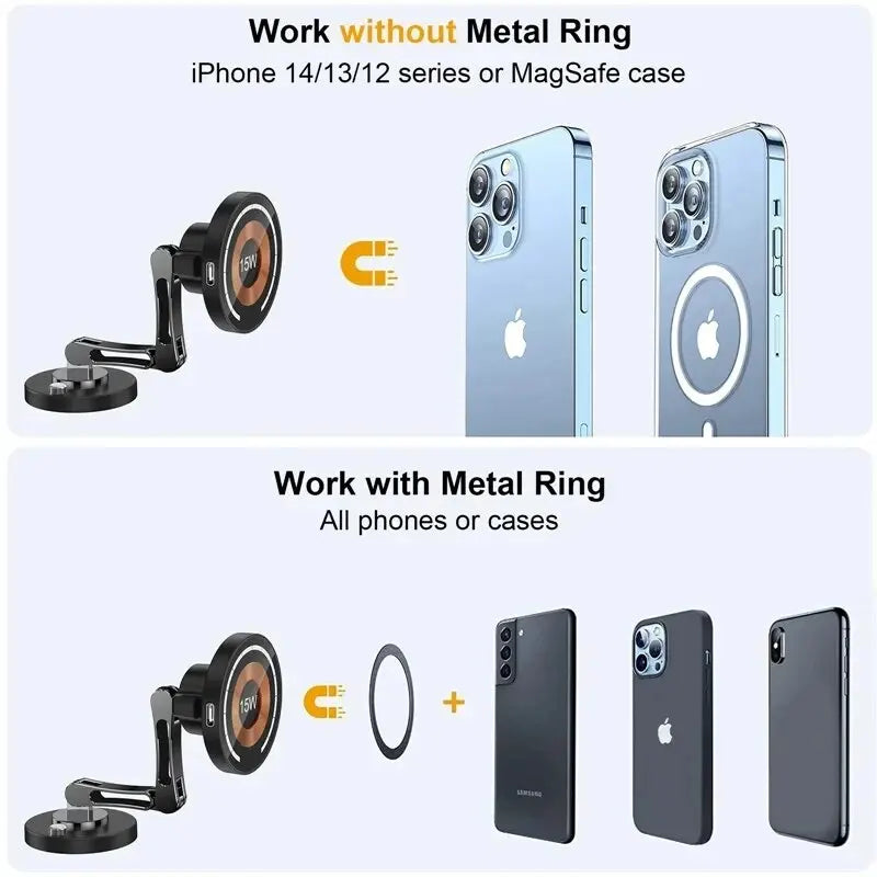 Magnetic Car Phone Mount for iPhone 12–15, Charging Options