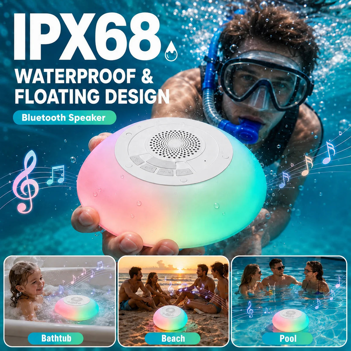 Bluetooth Pool Speaker with Colorful Lights, Portable Floating Wireless Speaker IPX68 Waterproof, Built-in Mic, Home, Hot Tubs