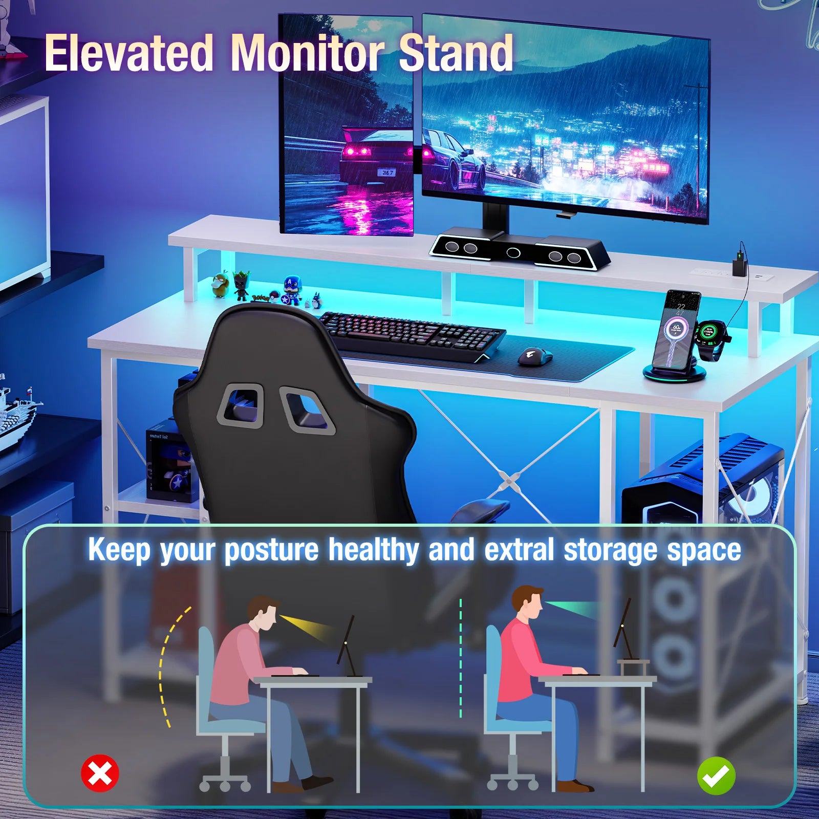 48 Inch Gaming Desk with LED Lights, Power Outlets & Storage