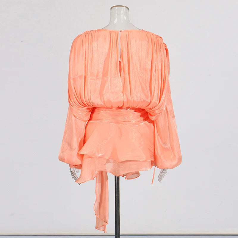 TWOTWINSTYLE Solid Patchwork Lace Up Blouse Mini Dresses For Women V Neck Long Sleeve Sweet Style Dress Female Clothing Fashion 