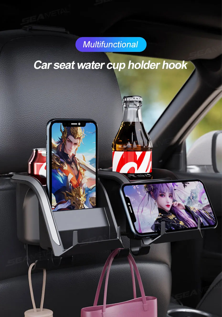 SEAMETAL 3 in 1 Car Headrest Cup Holder Car Rear Row Drink Holder Phone Mount Storage Organizer Large Load-Bearing Stable Hook