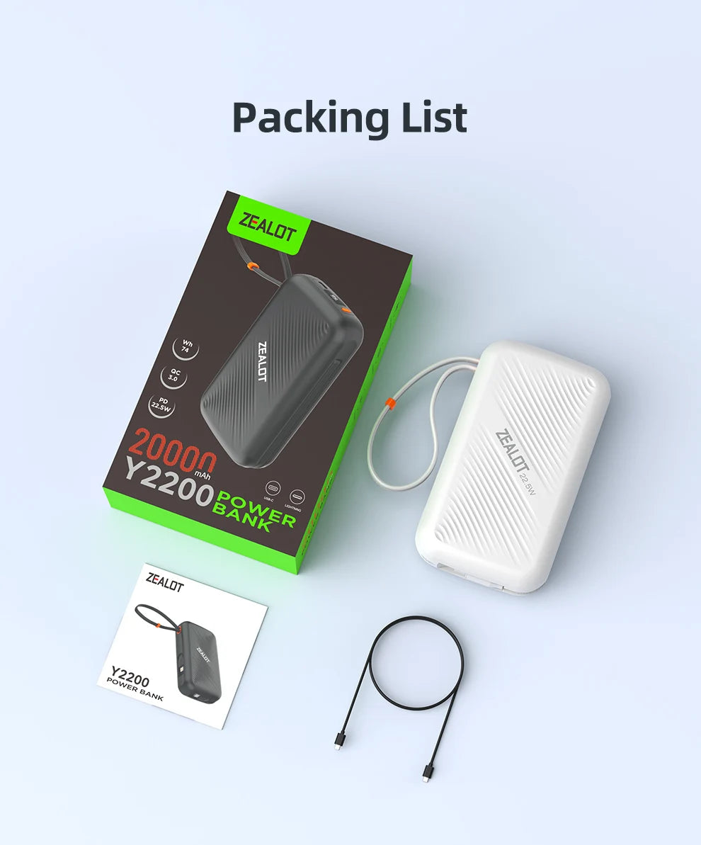 20000mAh Portable Power Bank with USB-C Cable and Digital Display