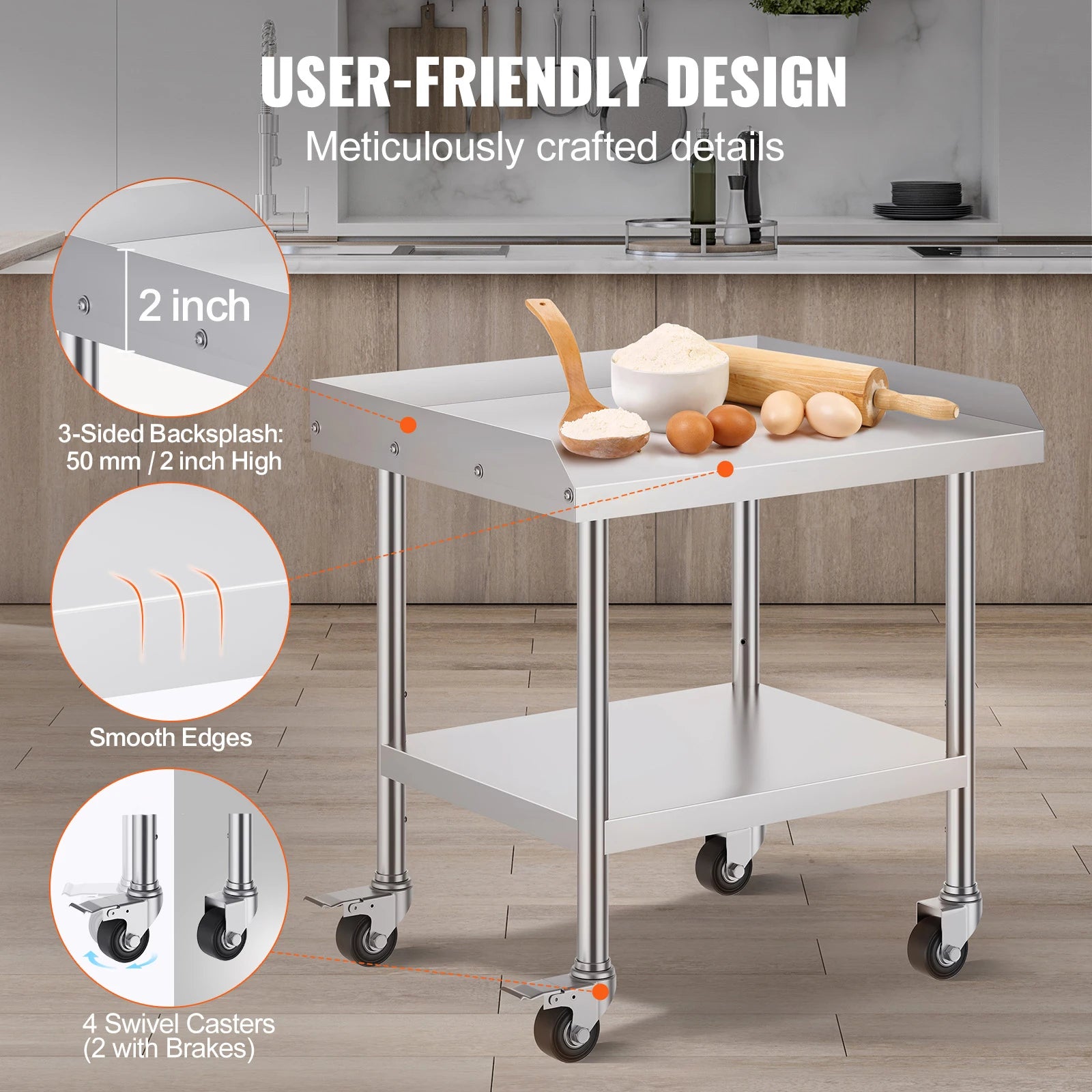 Stainless Steel Work Table with Wheels & Backsplash Prep Station