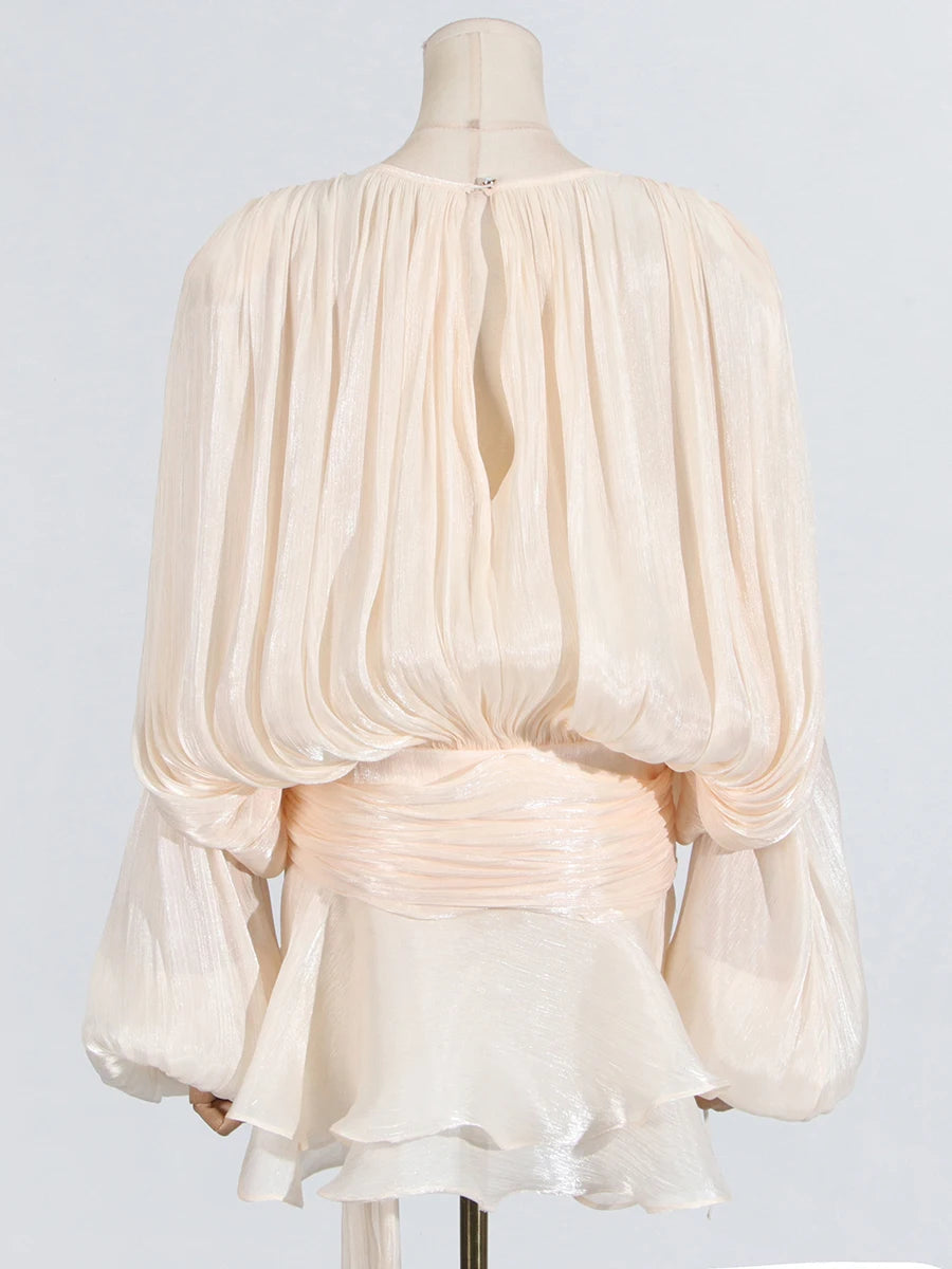 GALCAUR Solid Loose Splicd Lace Up Dresses For Women V Neck Long Sleeves Patchwork Ruffles Tunic Dreses Female Fashio New 