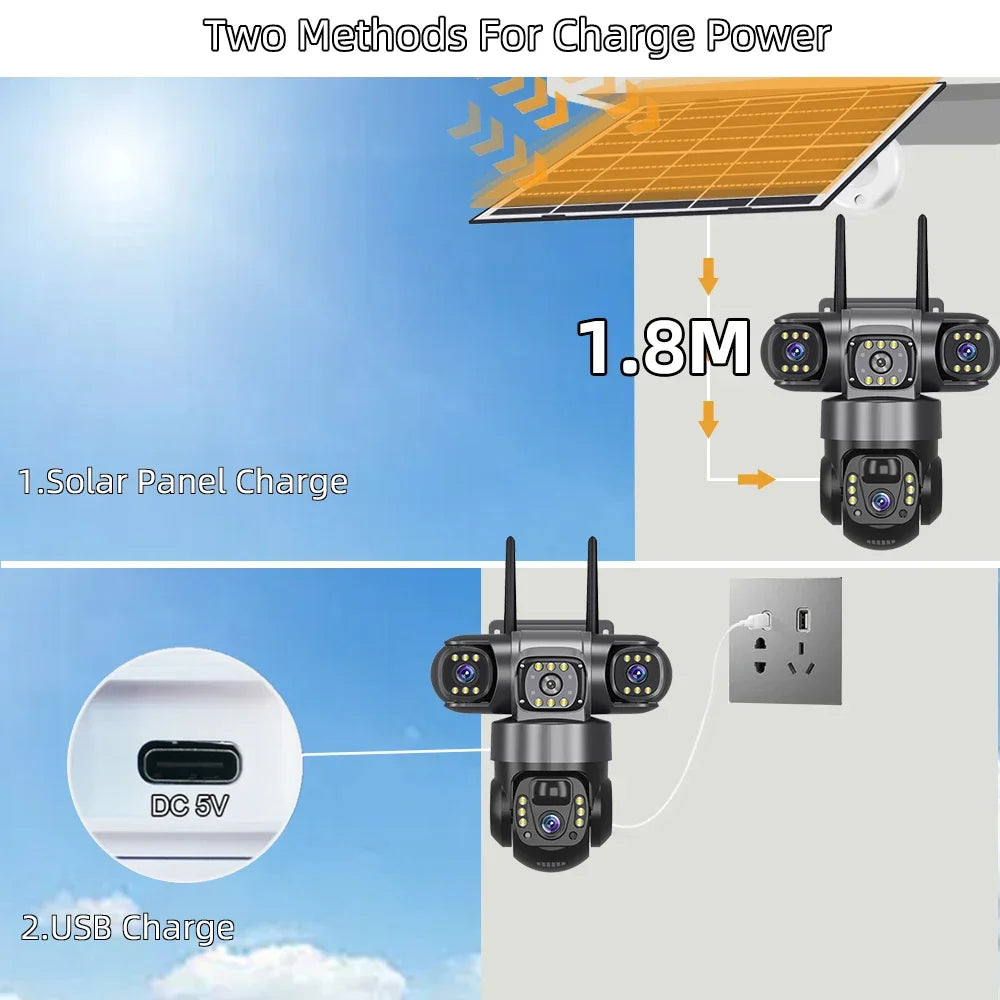 12MP Solar Outdoor PTZ Security Camera Triple Lens 360° Wireless