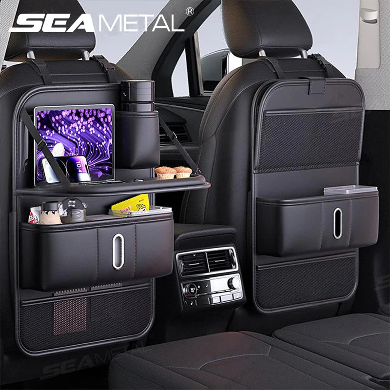 SEAMETAL Car Seat Back Organizer with Foldable Tray Multi-Pocket Car Backseat Storage Bag Wear-Resistant Anti-Kick Pad for Kids