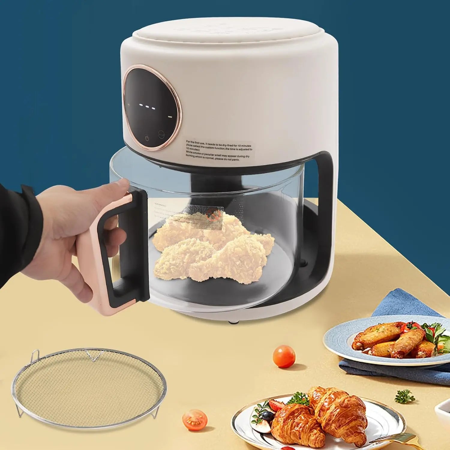 3.81Qt Portable Glass Air Fryer with Digital Display, 8 Preset Modes, White