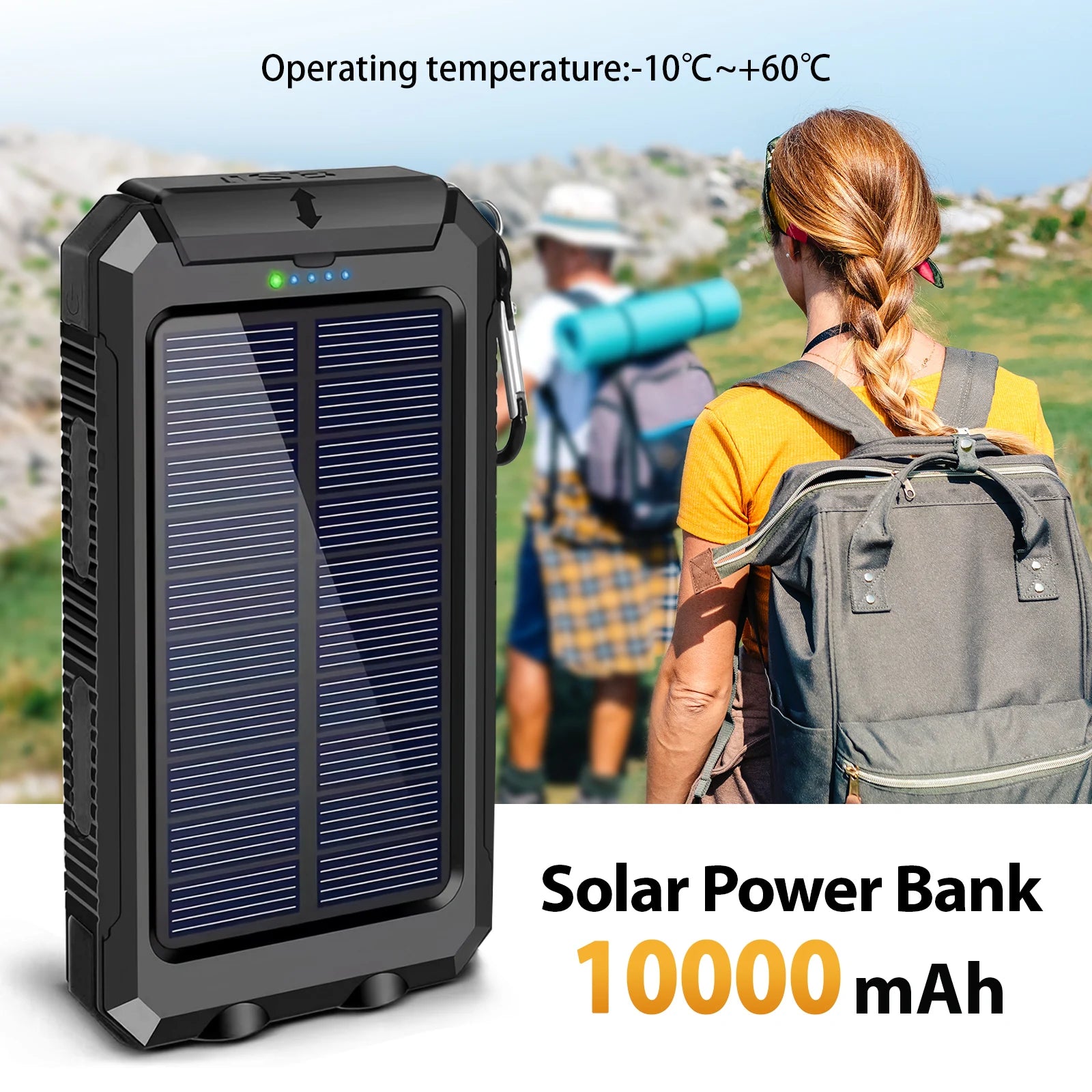 Power bank solarny 10000mAh z podwójnym USB, latarką LED i wodoodporną konstrukcją