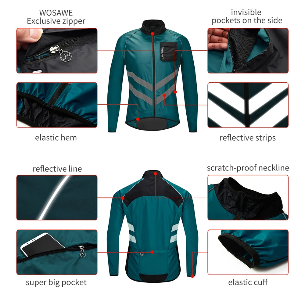 WOSAWE Windproof Cycling Jacket MTB Bike Jersey Outdoor Sport Cycling Windbreaker Rainproof Reflective Bike Clothing Navy Blue 