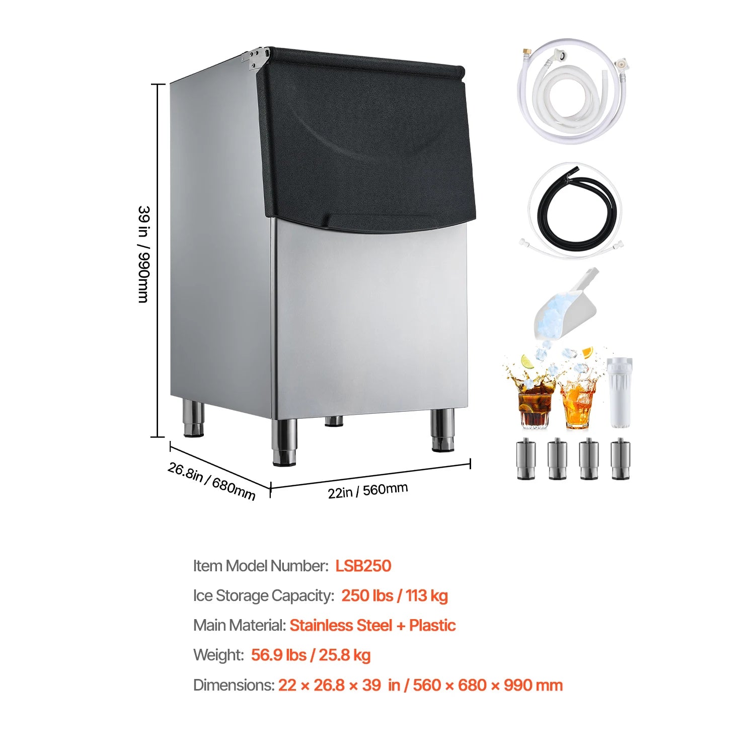 Machine à glaçons commerciale 250LB avec bac de stockage et filtre à eau