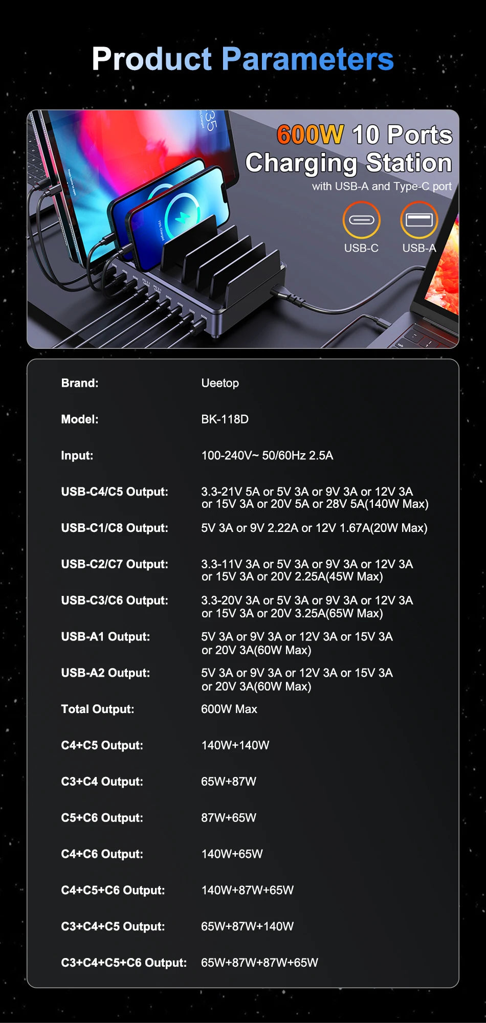 600W 10-Port GaN Fast Charging Station PD 3.1 USB-C Desktop Charger