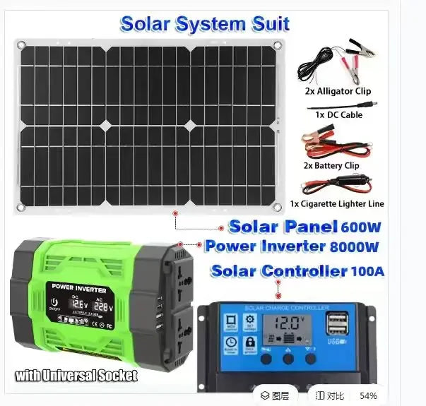 8000W solárny systém kit 12V na AC 220V/110V invertor +600W solárny panel +100A ovládač, vhodný pre nabíjanie RV, auta, notebookov