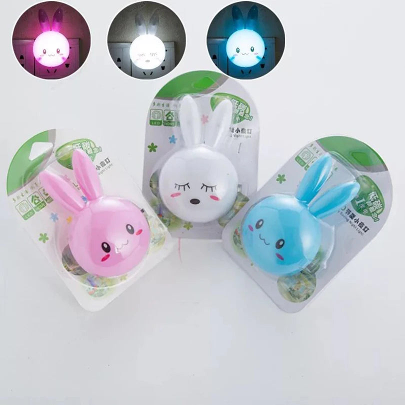Lâmpada nocturna de coelho animado com 3 cores LED, liga/desliga, tomada AC 220V EUA, luminária de cabeceira para crianças, presente