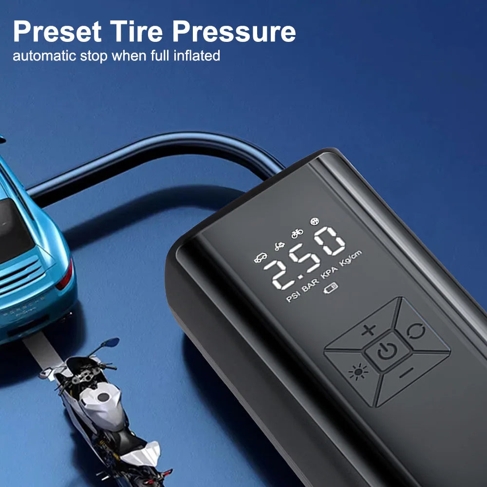 Com ecrã digital LCD com luz LED, medidor de pressão de pneus portátil, compressor de ar inflador de pneus 150PSI 120W, bomba de ar sem fios
