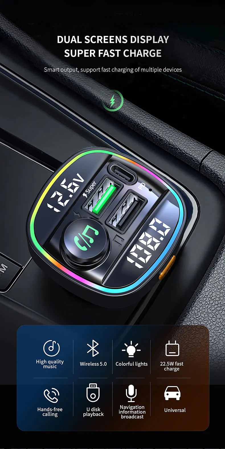 Bluetooth 5.0 FM vysielač Handsfree car radio modul MP3 prehrávač s 22.5W USB Superrýchlym nabíjaním adaptér do auta