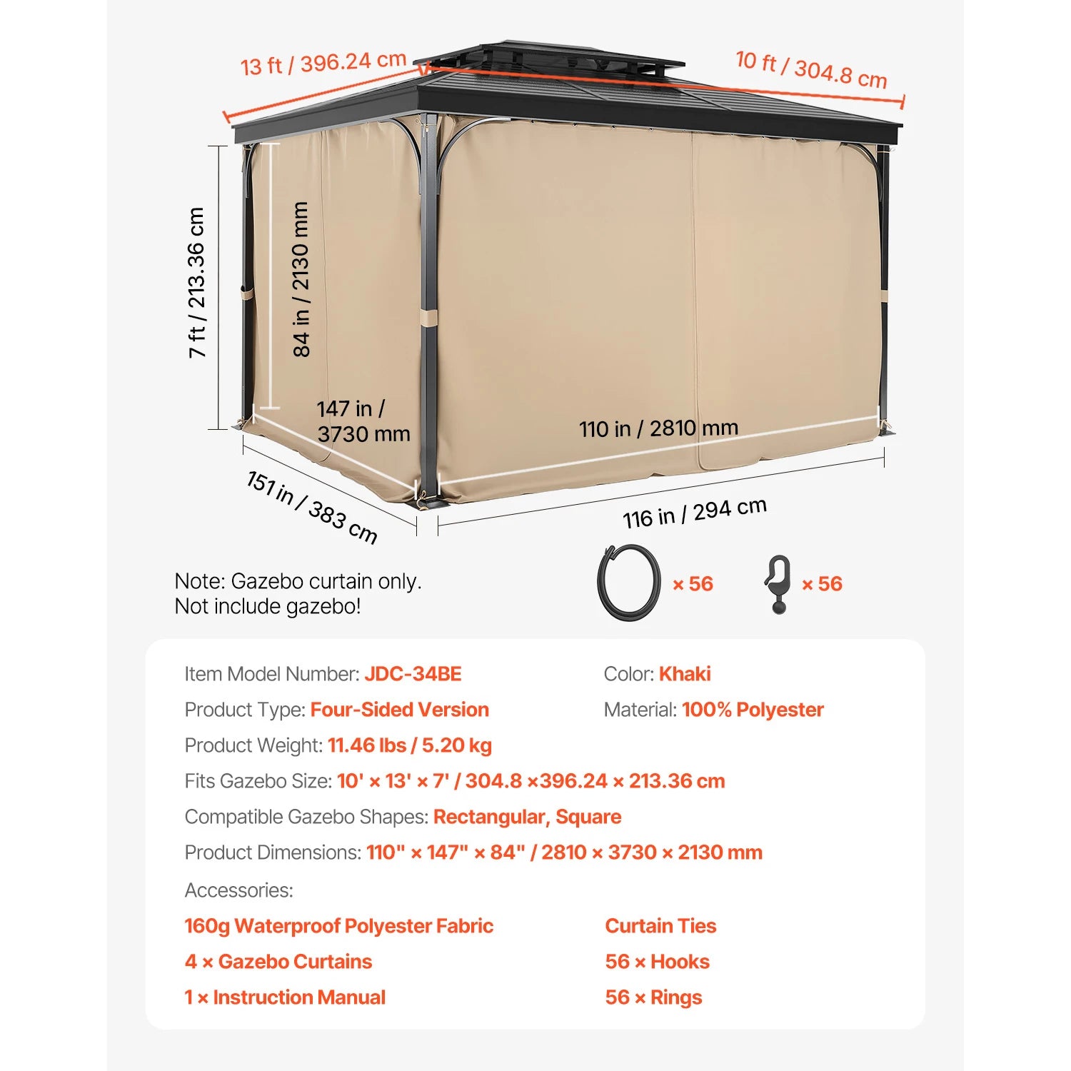 SucceBuy Gazebo Gardiner 4-panel sidevæg gazebo privatlivsgardiner med lynlåse universel solskærm gardiner erstatning til terrasse