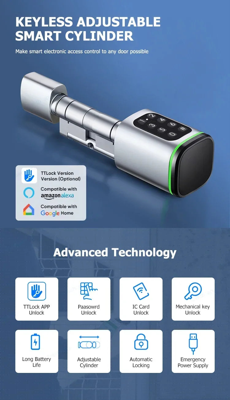 TTLock App Control Password RFID Card Euro Cylinder Door Lock Smart Lock Digital Keyless Replace Alexa (No Fingerprint)