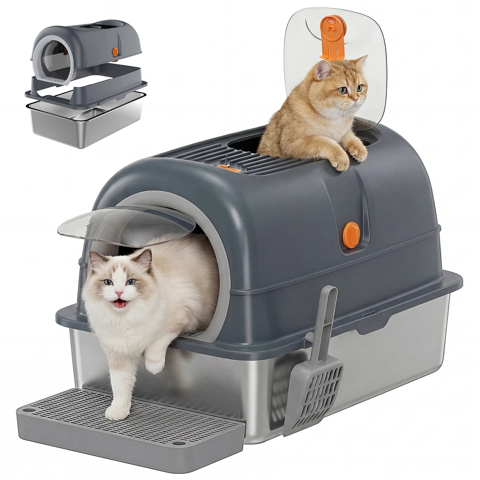24" Stainless Steel Enclosed Cat Litter Box XL 30L with Scoop