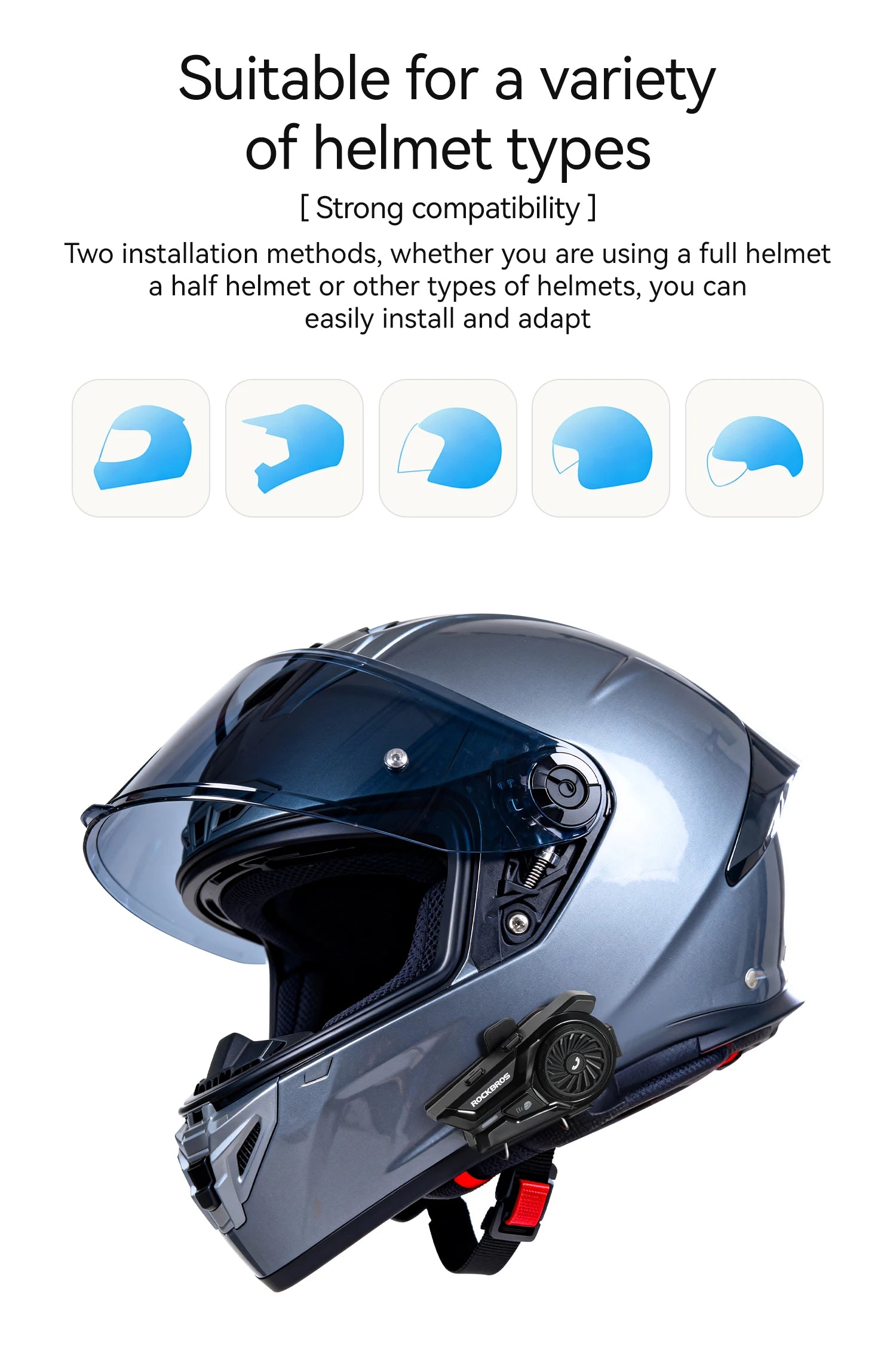 Cască moto ROCKBROS cu interfon impermeabil 300M, BT6.0, căști cu control vocal, baterie 1000mAh