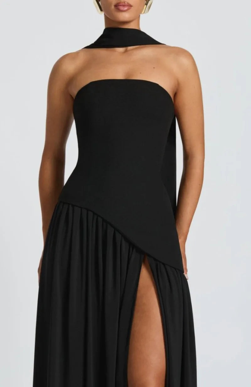 Elegant Strapless Floor-Length Women’s Slit Backless Evening Dress