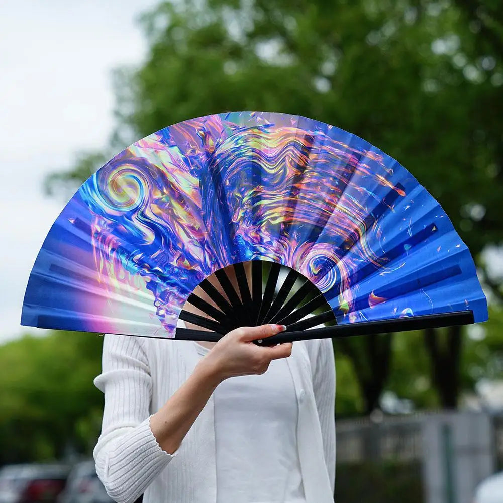 Bambusowy wachlarz składany 33 cm z fluorescencyjną tkaniną
