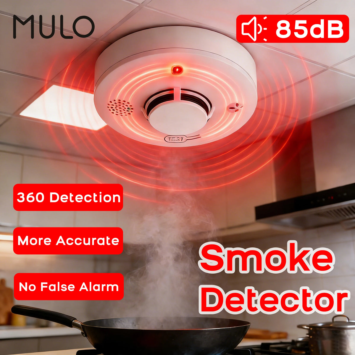 Independent Smart Smoke Detector Wireless Fire Alarm Sensor with Sound and Flash Light for Home Kitchen Office Safety Protection