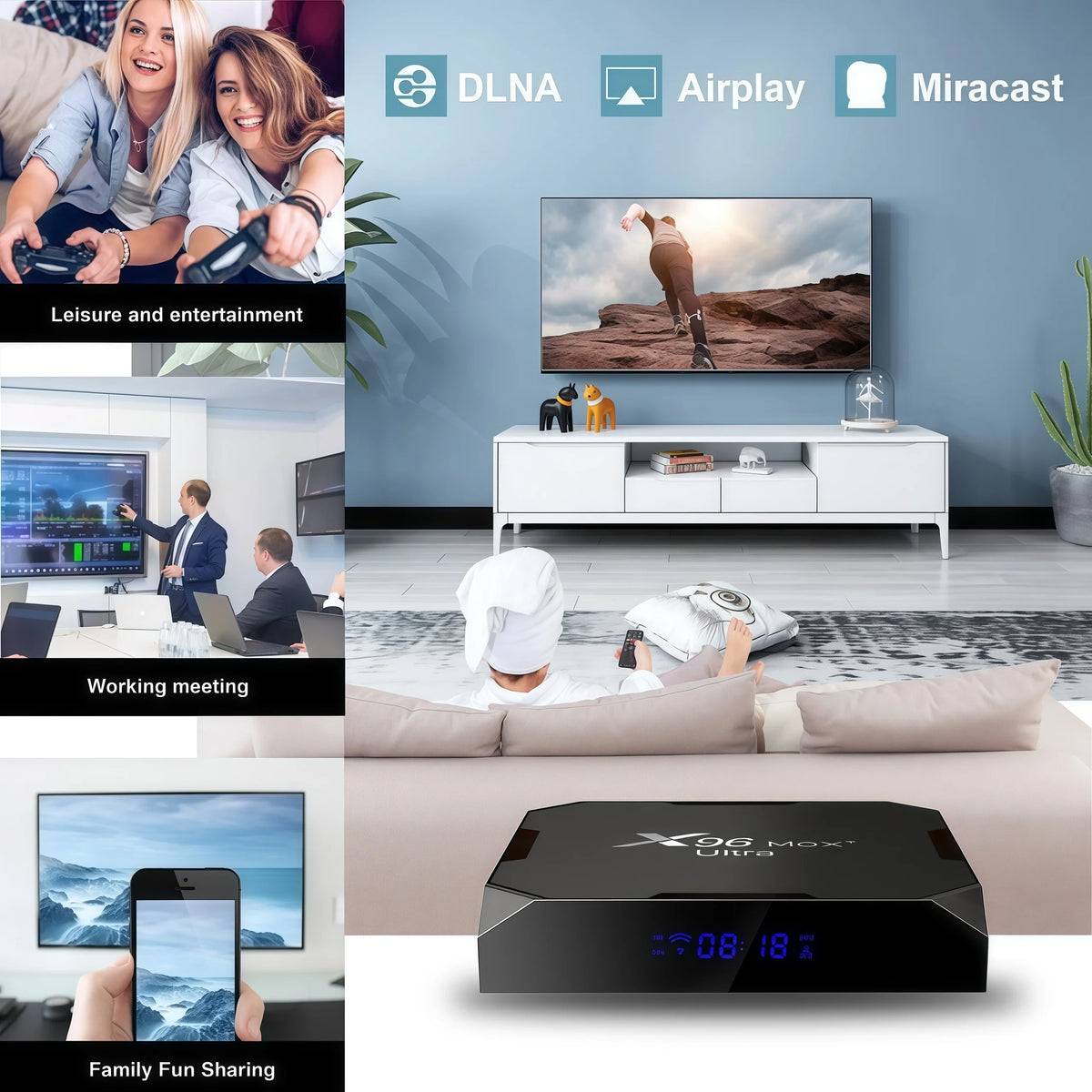 X96 Max+Ultra Android 11 TV Box Amlogic S905X4 4GB RAM 64GB ROM 8K Decoding AV1 Codec Dual WiFi 2.4G&5G BT4.0 USB3.0 HDR10+ Media Player Smart Set Top Box Decodificador