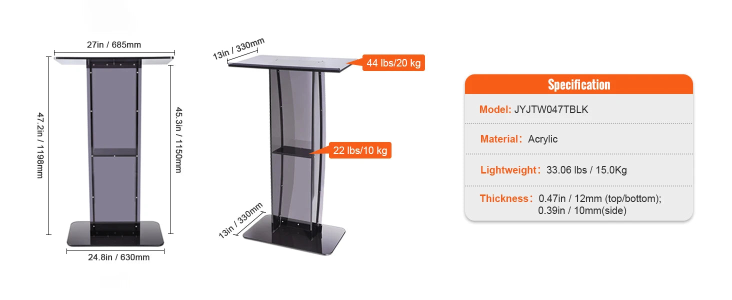 SucceBuy 47" Acrylic Podium Stand Floor-Standing Clear Pulpit Acrylic Desktop Lecterns w/ Storage Shelf for Church Office School
