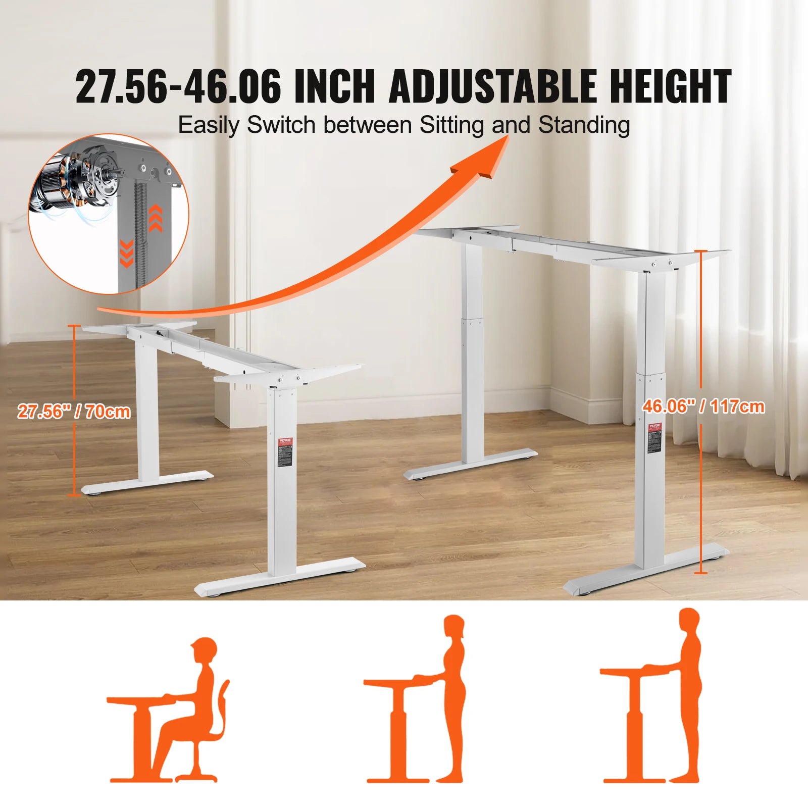 Cadre de bureau debout SucceBuy électrique, tréteaux de bureau ergonomique ajustable pour ordinateur, base de poste de travail DIY pour maison/bureau, noir et blanc