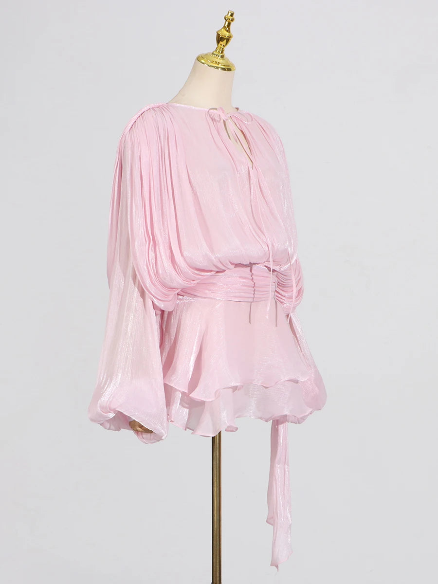 GALCAUR Solid Loose Splicd Lace Up Dresses For Women V Neck Long Sleeves Patchwork Ruffles Tunic Dreses Female Fashio New 