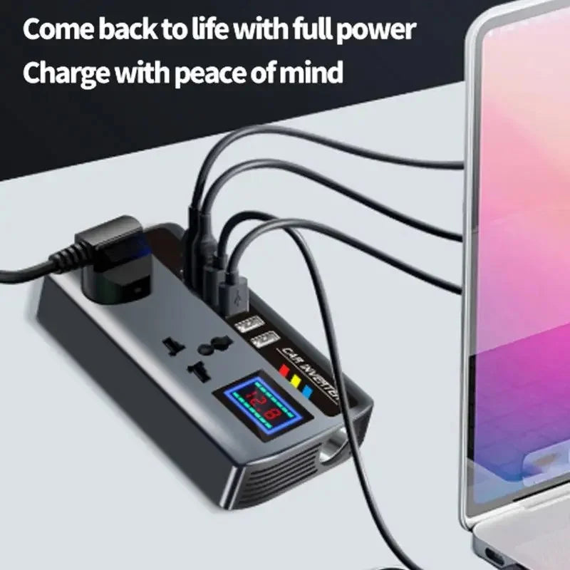 DC 12V/24V to AC 220V 200W Car Inverter PD+QC3.0 Dual Type C+4 USB Ports Phone Charger Cigarette Lighter Power Adapter 9 In 1