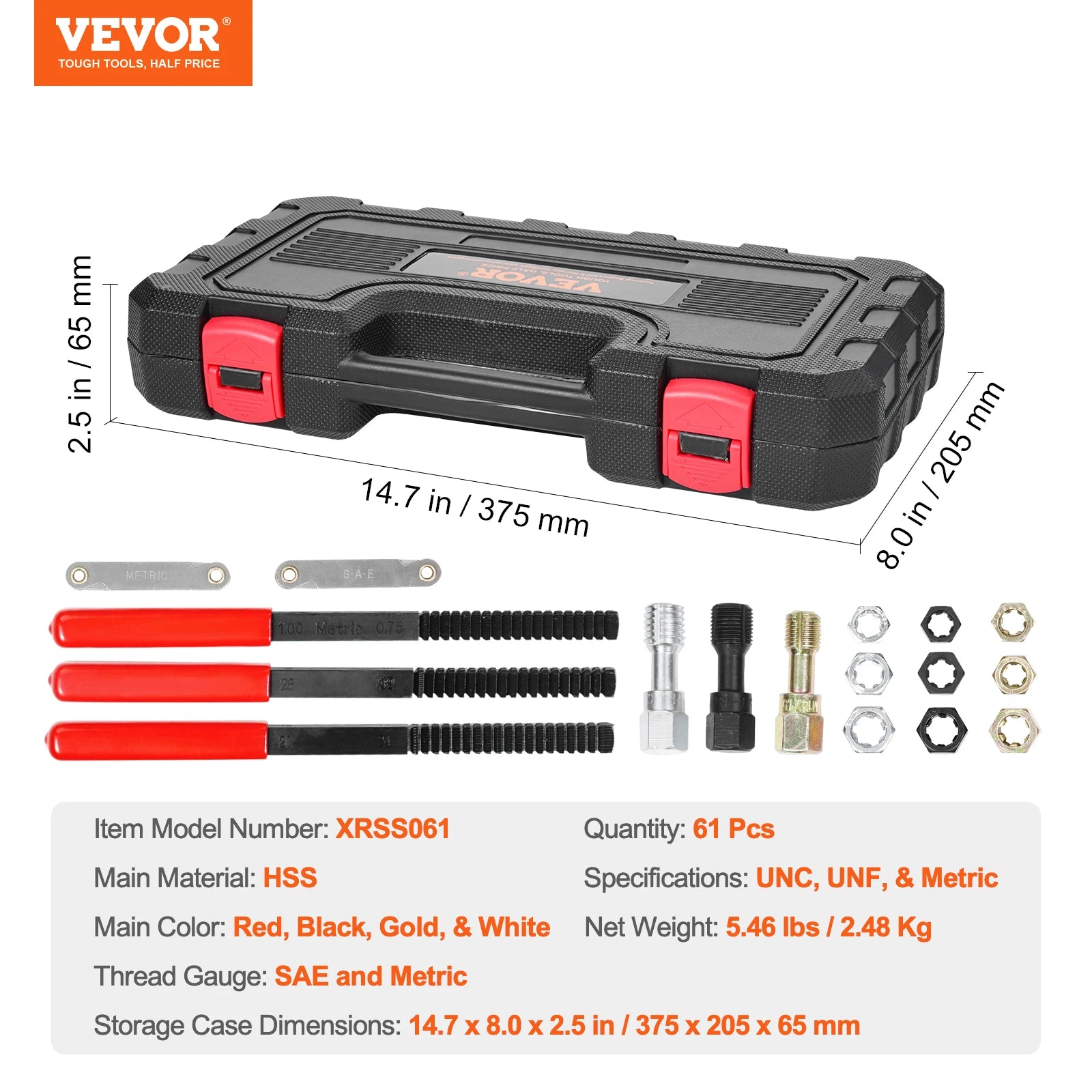 61-Piece Thread Chaser Set UNC UNF Metric Rethreading Tool Kit