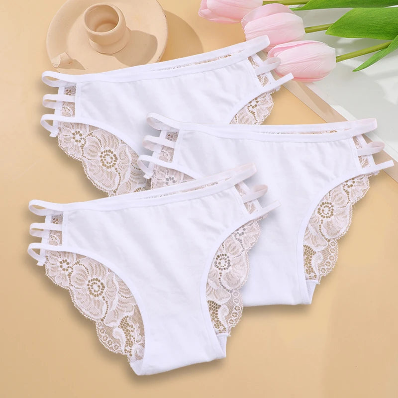 3PC/Set Women's Sexy Floral Lace Panties Low Rise Hollow Out Briefs Transparent Underwear Female Elastic Straps Soft Lingerie 