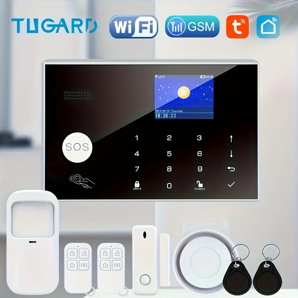 Tugard Hemlarmsystem Kit med Kamera WiFi GSM Fjärrkontroll Dörr Fönster Sensor för Hemlarm