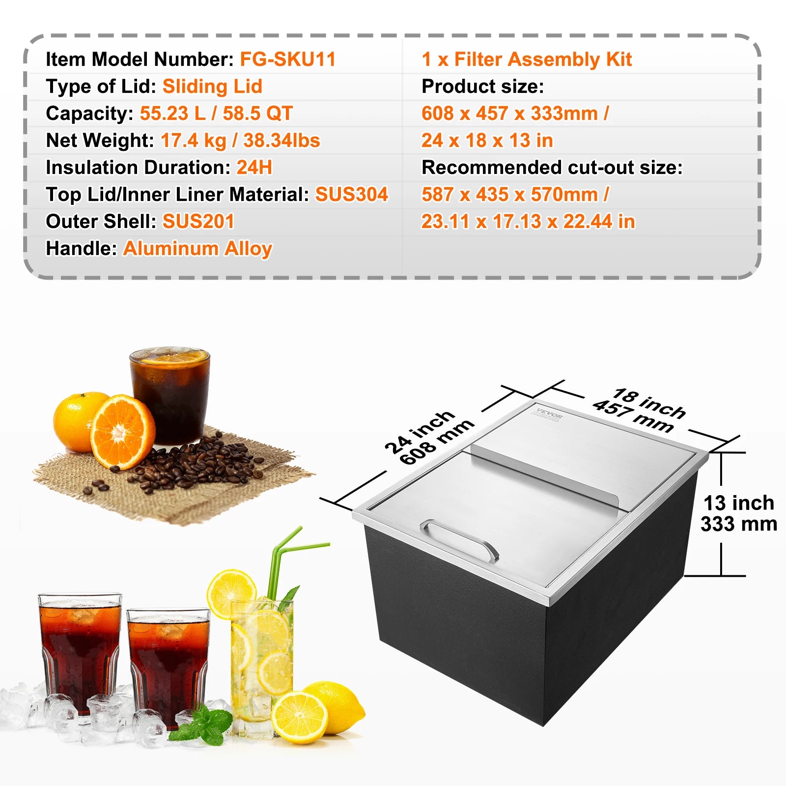 Edelstahl-Eisbox mit Schiebedeckel und Ablauf