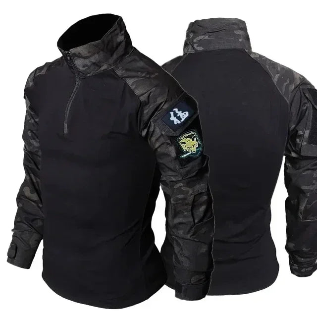 Black Camo Training Sets 1/4 Zipper Combat Tops Tactical Suits Hiking Pants Men Durable Shirts Multiple Pockets Wear-resisting