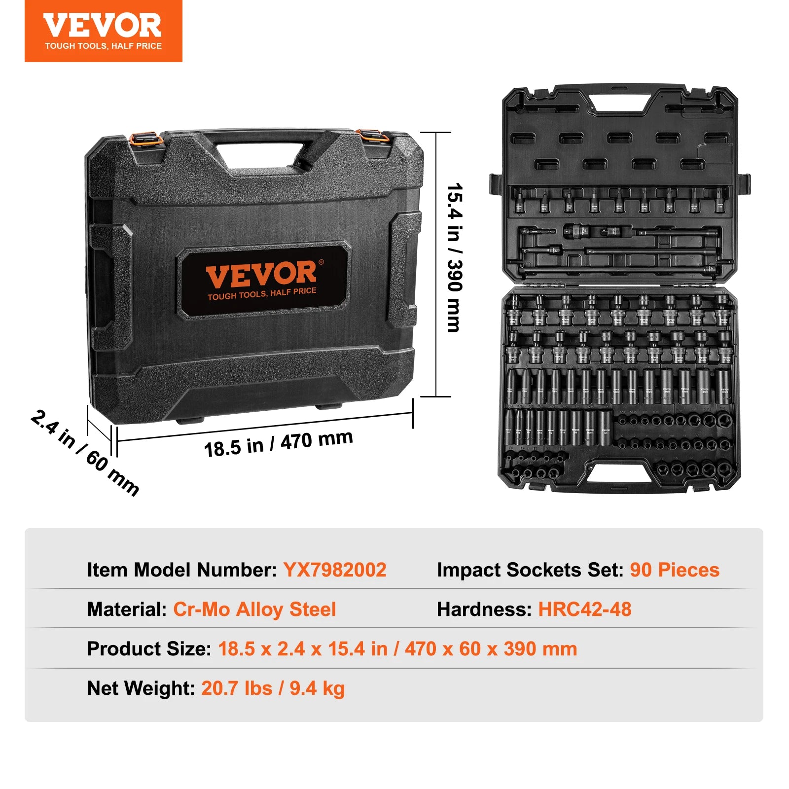 90-Piece 3/8" Impact Socket Set SAE & Metric Cr-Mo Steel